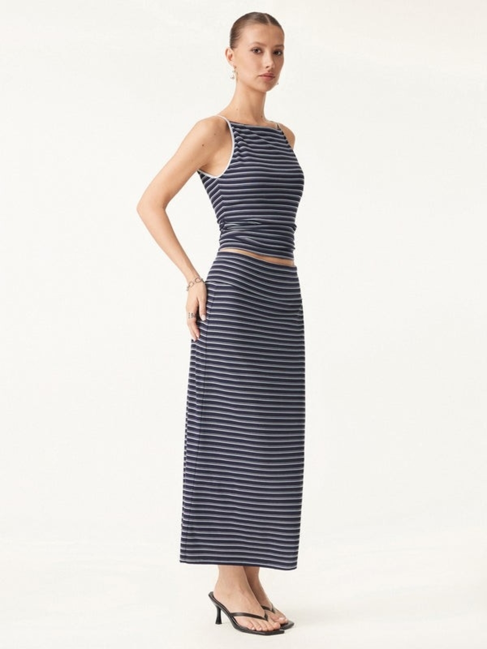 OGL 2Pcs Set Striped Spaghetti Bra Top & Low Rise Striped Midi Skirt - Picture 2 of 12